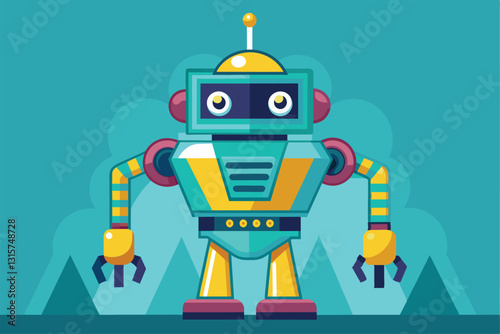 A vibrant cartoon robot stands prominently against a colorful backdrop, showcasing its unique features, Robotics Customizable Cartoon Illustration