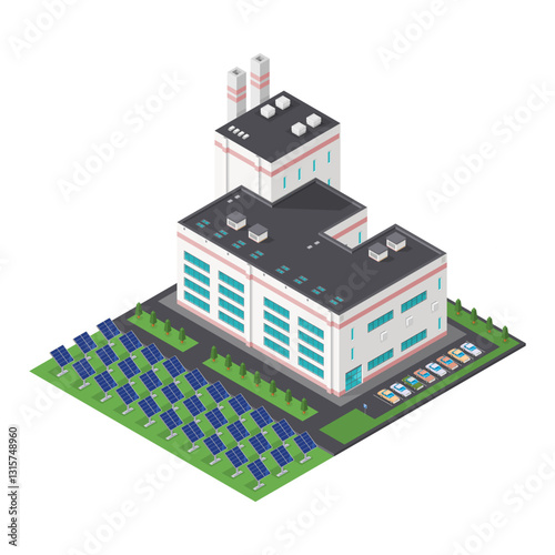 Isometric modern solar power plant Factory Facility Using Solar Panels for Power Generation
