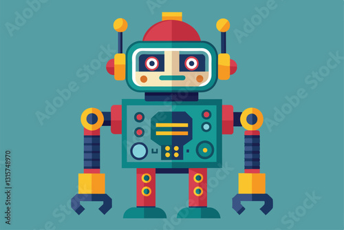 A colorful robot figure stands prominently with exaggerated proportions, showcasing customizable features, Robotics Customizable Disproportionate Illustration