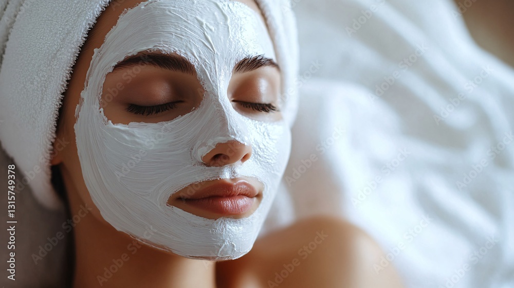 Fototapeta premium Relaxed Woman Taking Time for Herself with Facial Mask Treatment