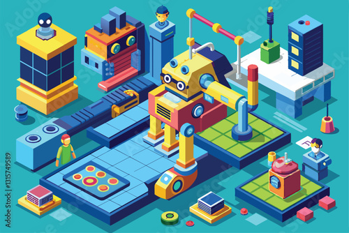 A vibrant isometric robotics workshop displays customizable robots and various interactive components, Robotics Customizable Isometric Illustration