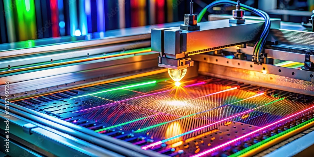 High-tech laser engraving machine with intricate details, colorful lights and wires in a controlled environment High-tech laser engraving machine with intricate details, colorful lights and wires in a controlled environment
