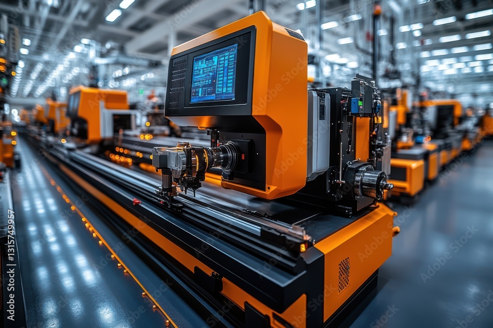 A high-tech plastic production facility with injection molding machines. Conveyor belts, control panels, and workers in production area. A high-tech plastic production facility with injection molding machines. Conveyor belts, control panels, and workers in production area.