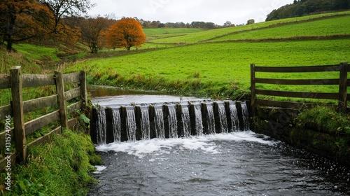 A small weir on a stream in the countryside. Green fields and trees in the background. Autumn colors.