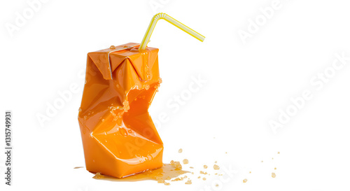 Crushed orange juice box with straw reflecting an empty consumerism waste
