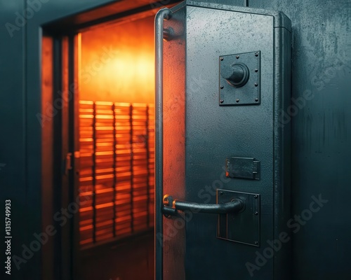 Wallpaper Mural Bank vault door slightly open, revealing hidden debt stacks inside, moody lighting Torontodigital.ca