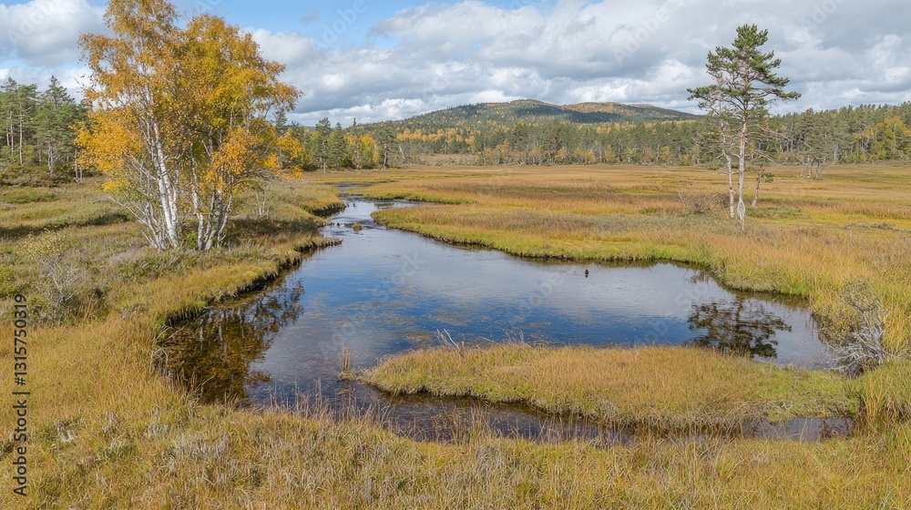 Serene Wetlands Landscape with Autumn Colors and Reflective Water in a Peaceful Natural Environment with Cloudy Sky Serene Wetlands Landscape with Autumn Colors and Reflective Water in a Peaceful Natural Environment with Cloudy Sky