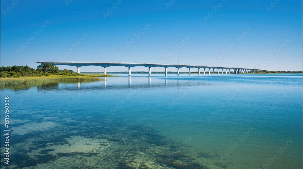 Expansive Bridge Spanning Tranquil Waters Under Clear Blue Sky in Idyllic Coastal Landscape Expansive Bridge Spanning Tranquil Waters Under Clear Blue Sky in Idyllic Coastal Landscape