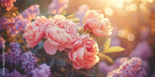 Fototapeta Naklejka Na Ścianę i Meble -  Pink peonies and lilac flowers blooming in spring garden at sunset