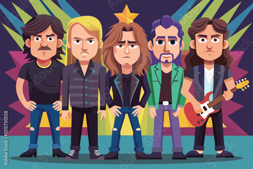 A lively rock band stands confidently on stage, showcasing their unique styles and instruments, Rock band Customizable Disproportionate Illustration