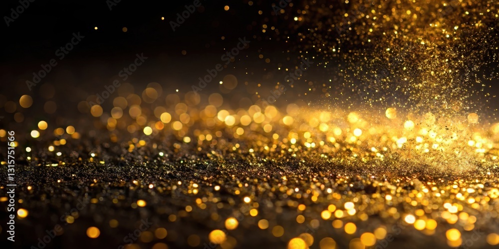 Naklejka premium Glittering gold dust settles on a dark and mysterious black surface, creating a mesmerizing pattern of shine and shadow