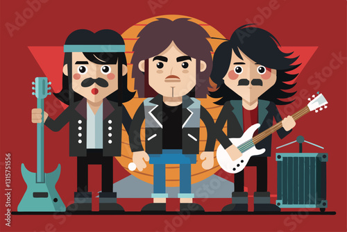 Three rock musicians stand together, showcasing their unique styles with instruments and confident attitudes, Rockers Customizable Flat Illustration