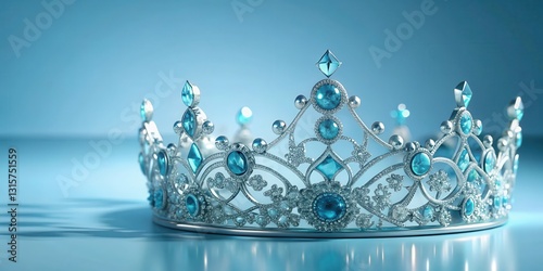 A delicate crown adorned with intricate blue diamond encrustation on a soft light blue neutral background, symbolizing royalty and luxury , light blue background, precious blue diamonds photo