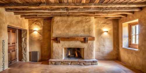 Wallpaper Mural Earthy texture of natural mud plaster wall with visible wooden beams and stone fireplace, organic finish, earthy tones Torontodigital.ca