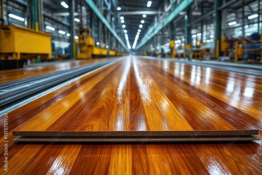 A production line in a factory manufacturing laminate flooring. Machines and equipment are seen operating in the background. A production line in a factory manufacturing laminate flooring. Machines and equipment are seen operating in the background.