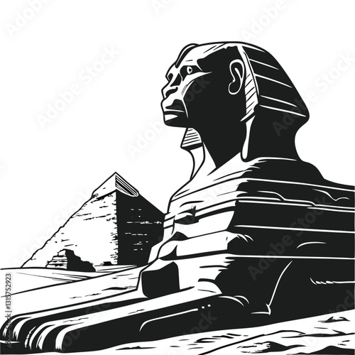 A high-contrast black silhouette of a *The Great Sphinx of Giza* (Egypt) against a white BACKGROUND VECTOR.