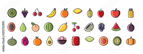 Colorful Collection of Fruit Icons Including Bananas Cherries Strawberries Watermelon Pineapple Grapes and More