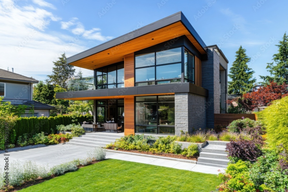 Upscale Modern Home with Landscaped Garden and Blue Sky Upscale Modern Home with Landscaped Garden and Blue Sky