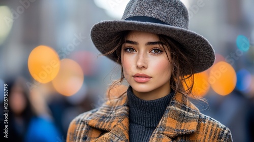 Woman autumn hat city street portrait fashion