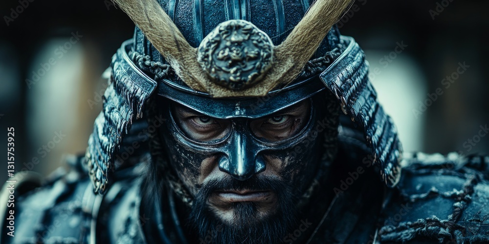 Obraz premium Close up portrait of a samurai warrior wearing traditional armor and mask