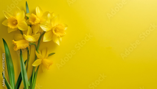 Bouquet of daffodils with green leaves against a bright yellow backdrop