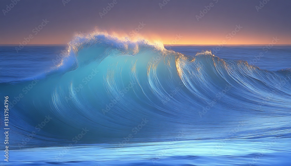 Fototapeta premium A large ocean wave cresting towards the distant sunset horizon