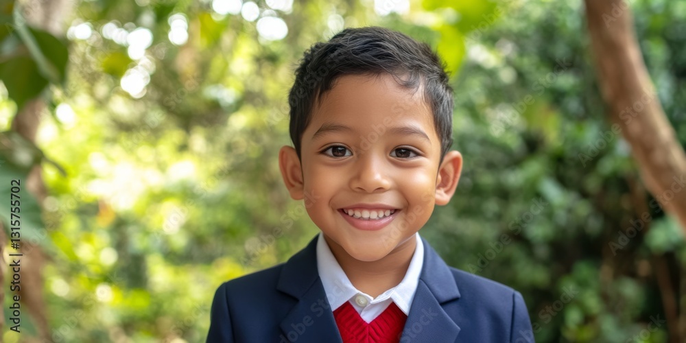 A young Hispanic boy, confidently smiling in his navy blue and red school uniform, standing in front of a tree with greenery in the background and children playing nearby, creating a lively and cheerf A young Hispanic boy, confidently smiling in his navy blue and red school uniform, standing in front of a tree with greenery in the background and children playing nearby, creating a lively and cheerf