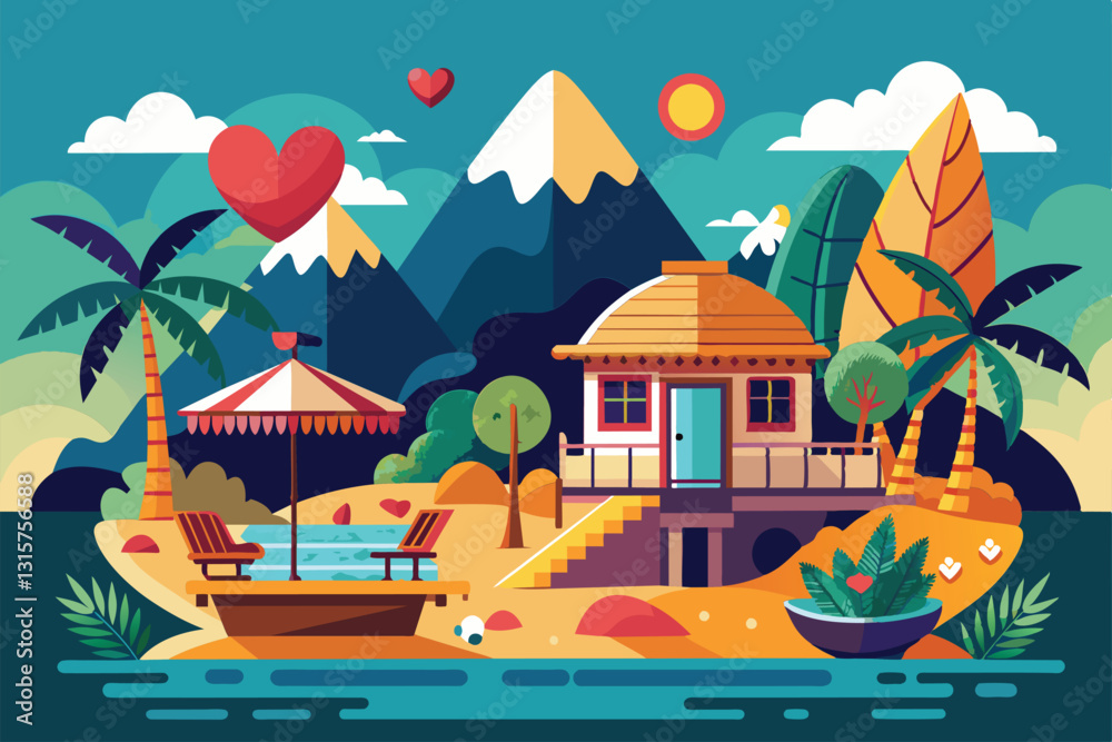 Obraz premium A cozy cottage sits by tranquil water with palm trees, hearts floating in the sky, creating a romantic atmosphere, Romantic getaway Customizable Disproportionate Illustration