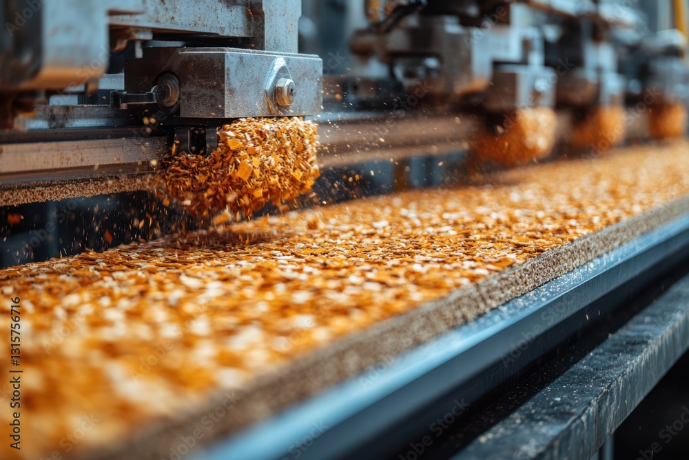 Laminate flooring production factory with automated machinery producing and packaging floor panels in a manufacturing plant setting. Laminate flooring production factory with automated machinery producing and packaging floor panels in a manufacturing plant setting.