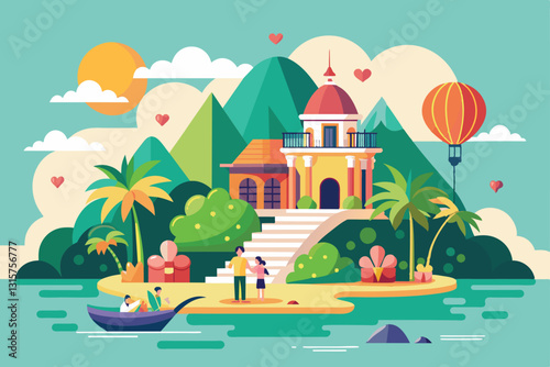 Couples enjoy a romantic escape on a beautiful island with lush greenery, warm sun, and peaceful waters, Romantic getaway Customizable Flat Illustration
