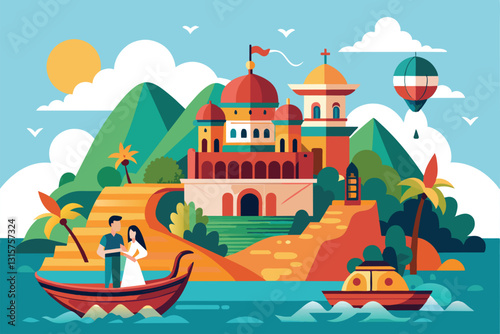 A couple stands on a boat enjoying a romantic moment at a beautiful lakeside resort surrounded by vibrant hills, Romantic getaway Customizable Semi Flat Illustration