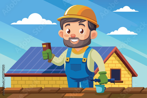 A happy roofer is applying finishing touches on a house roof while enjoying the sunny weather, Roofer Customizable Cartoon Illustration