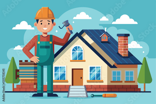 A cheerful roofer stands proudly by a house, ready to fix the roof while surrounded by trees and clouds, Roofer Customizable Disproportionate Illustration