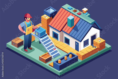 A roofer is applying materials on a colorful isometric house, utilizing tools and organizing supplies around him, Roofer Customizable Isometric Illustration