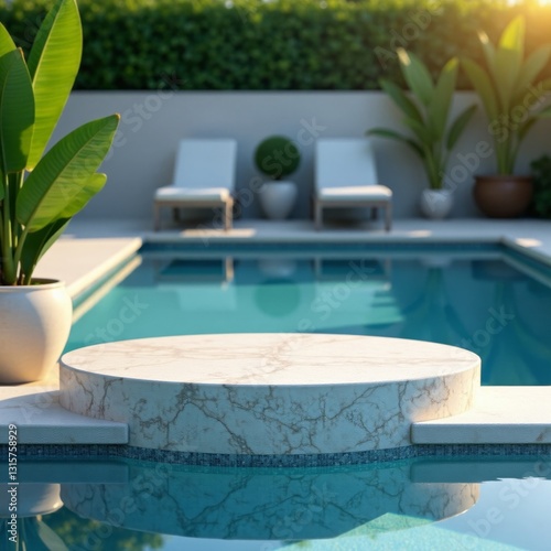 Close-up of marble top view on swimming pool podium stand, sophisticated, luxurious