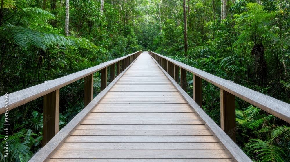 Fototapeta premium A wooden boardwalk stretches through lush greenery, inviting exploration in a serene forest setting.