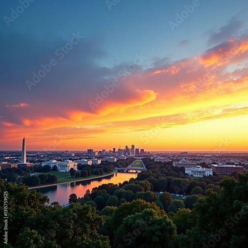 Panoramic view of Washington D C city skyline at sunset, government building, dusk