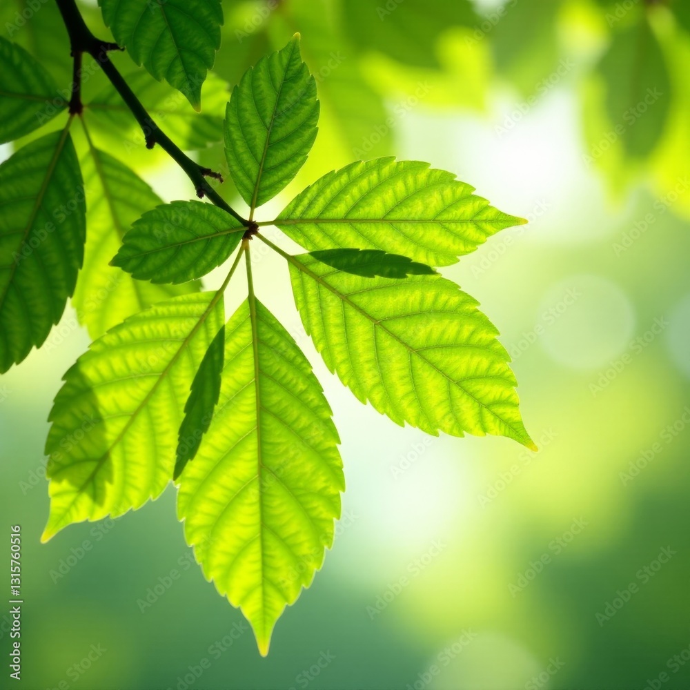 Fresh green leaves on a tree branch with sunlight filtering through, nature, foliage Fresh green leaves on a tree branch with sunlight filtering through, nature, foliage
