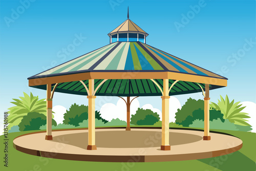 A vibrant outdoor pavilion features a round pitched roof and wooden supports in a lush green setting, Round pitched roof of outdoor gazebo