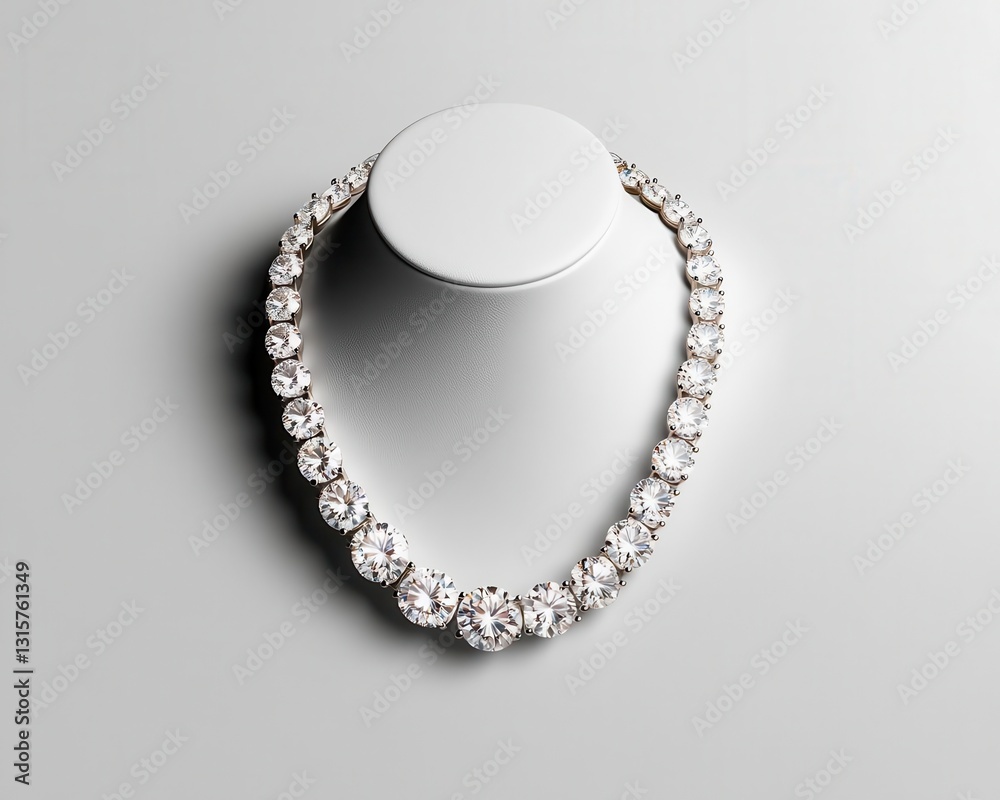 Isolated diamond tennis necklace creating a soft shadow on a matte pastel gray background Isolated diamond tennis necklace creating a soft shadow on a matte pastel gray background