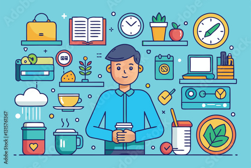 A person holds a cup while surrounded by elements symbolizing daily routines, habits, and time management, Routine and habits, Linear flat vector isolated