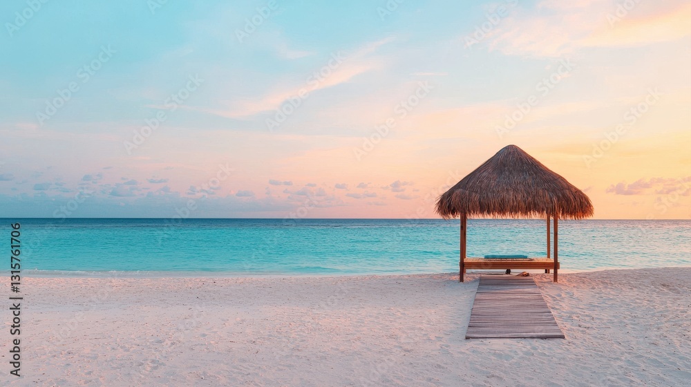 A serene beach scene featuring a thatched hut by the turquoise ocean under a colorful sky at sunset. A serene beach scene featuring a thatched hut by the turquoise ocean under a colorful sky at sunset.