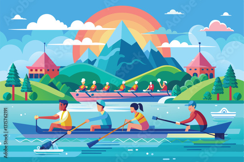 A colorful illustration depicts rowers paddling against a backdrop of mountains and a setting sun, Rowing Customizable Flat Illustration