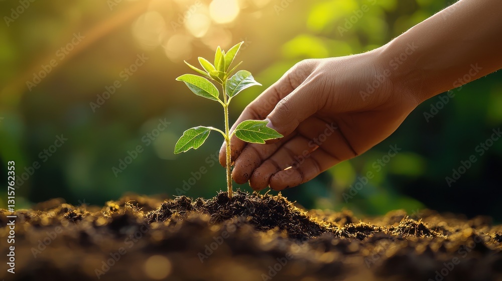 Fototapeta premium A hand is planting a small green plant in the dirt