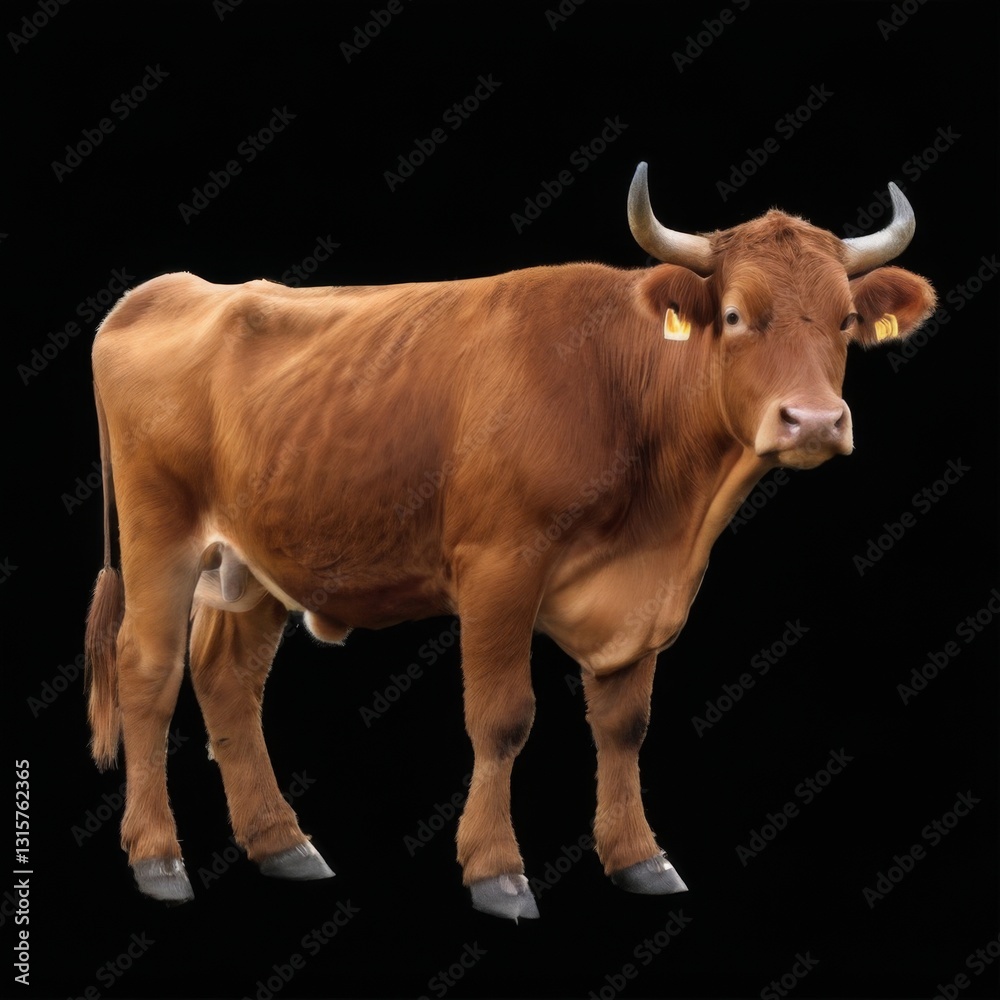 Brown Cow Standing Upright on Black Background with Horns, Shiny Fur, and Yellow Tag Adobe Stock Photo Brown Cow Standing Upright on Black Background with Horns, Shiny Fur, and Yellow Tag Adobe Stock Photo