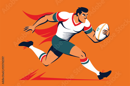A determined rugby player sprints forward with a rugby ball, showcasing athleticism and speed, Rugby player running with ball