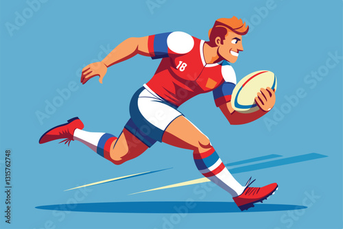 A rugby player runs energetically with the ball, showcasing skill and speed on the field, Rugby player running with ball