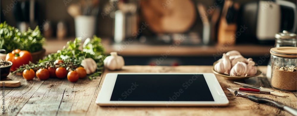 Cooking preparation scene home kitchen digital device cozy environment overhead view culinary inspiration Cooking preparation scene home kitchen digital device cozy environment overhead view culinary inspiration