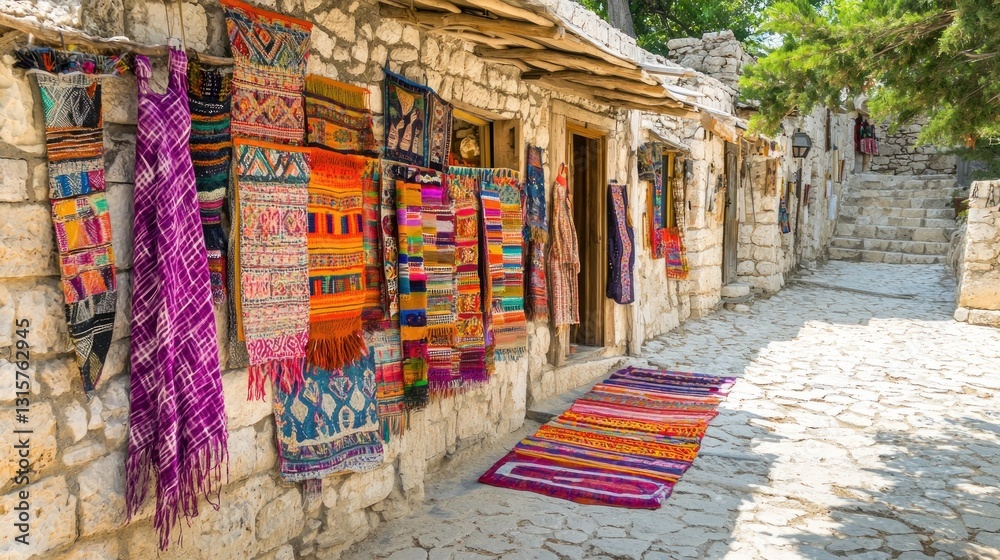 Fototapeta premium Vibrant Textiles Adorn Stone Street in a Charming Village