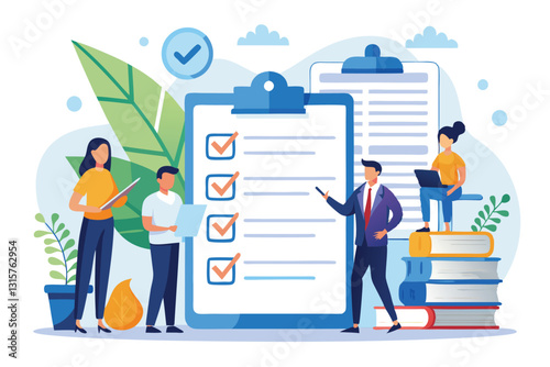 A group of employees discusses a rules and regulations document while referencing checklists, Rules and regulations document for employees,